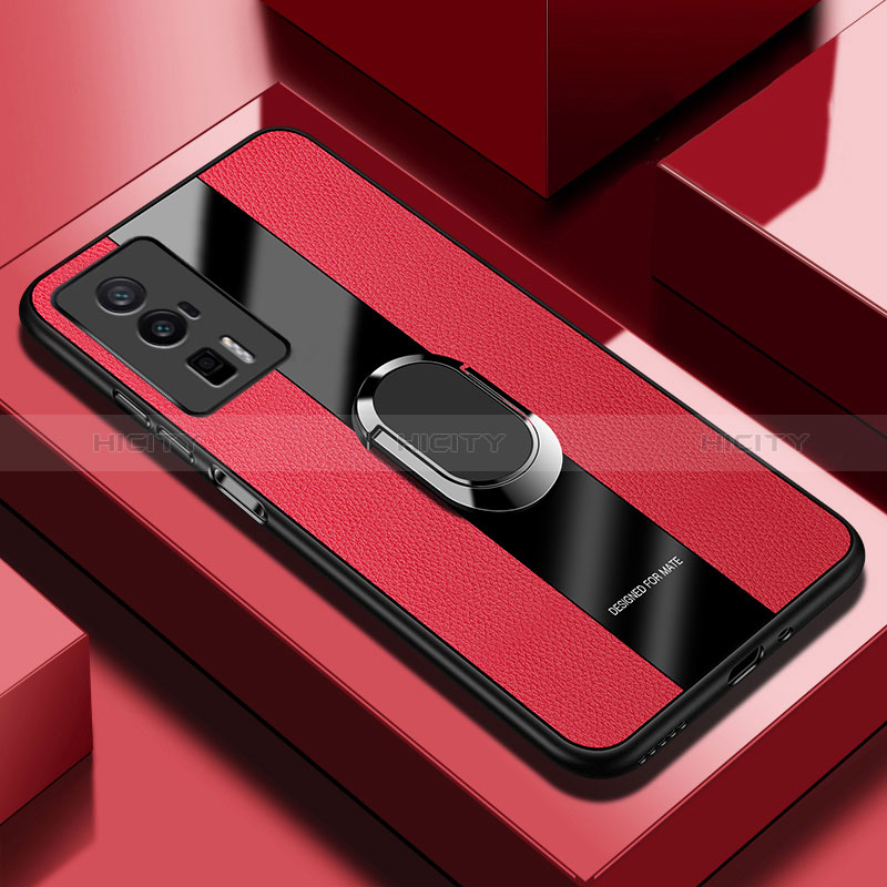 Coque Silicone Gel Motif Cuir Housse Etui avec Support Bague Anneau Aimante Magnetique PB1 pour Xiaomi Poco F5 Pro 5G Rouge Plus