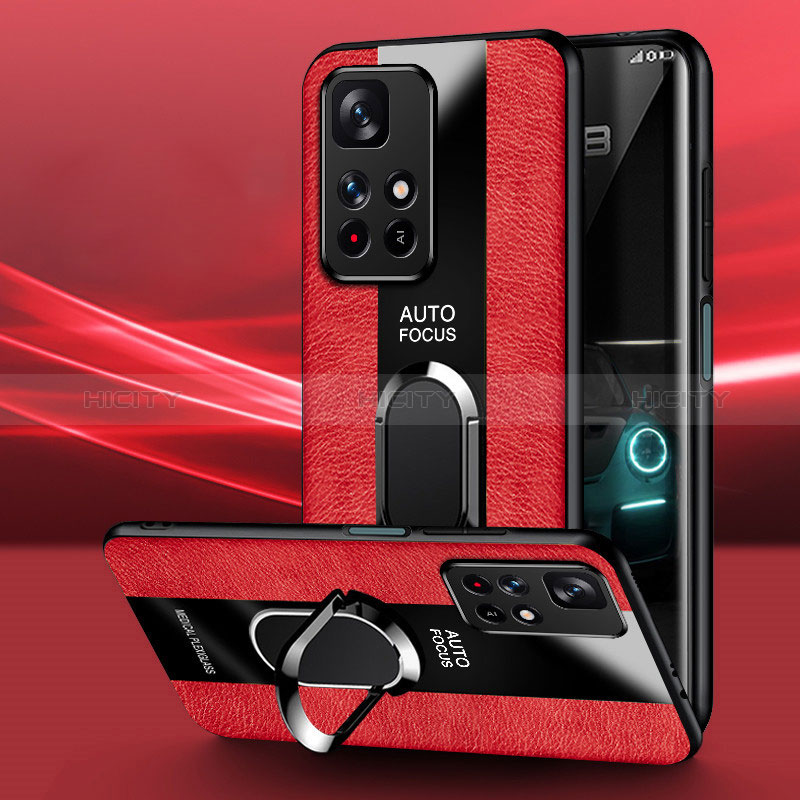 Coque Silicone Gel Motif Cuir Housse Etui avec Support Bague Anneau Aimante Magnetique PB1 pour Xiaomi Poco M4 Pro 5G Rouge Plus