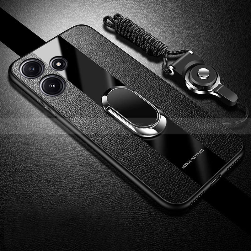 Coque Silicone Gel Motif Cuir Housse Etui avec Support Bague Anneau Aimante Magnetique PB1 pour Xiaomi Poco M6 Pro 5G Noir Plus