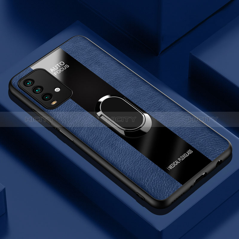 Coque Silicone Gel Motif Cuir Housse Etui avec Support Bague Anneau Aimante Magnetique PB1 pour Xiaomi Redmi 9 Power Bleu Plus