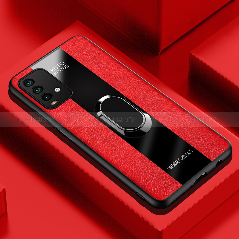 Coque Silicone Gel Motif Cuir Housse Etui avec Support Bague Anneau Aimante Magnetique PB1 pour Xiaomi Redmi 9 Power Rouge Plus