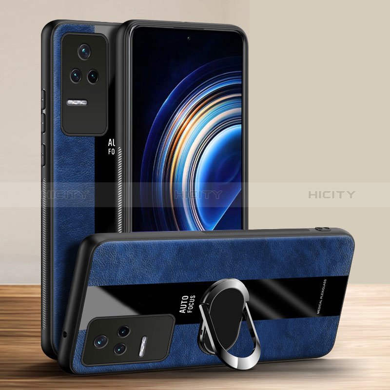 Coque Silicone Gel Motif Cuir Housse Etui avec Support Bague Anneau Aimante Magnetique PB1 pour Xiaomi Redmi K50 Pro 5G Bleu Plus