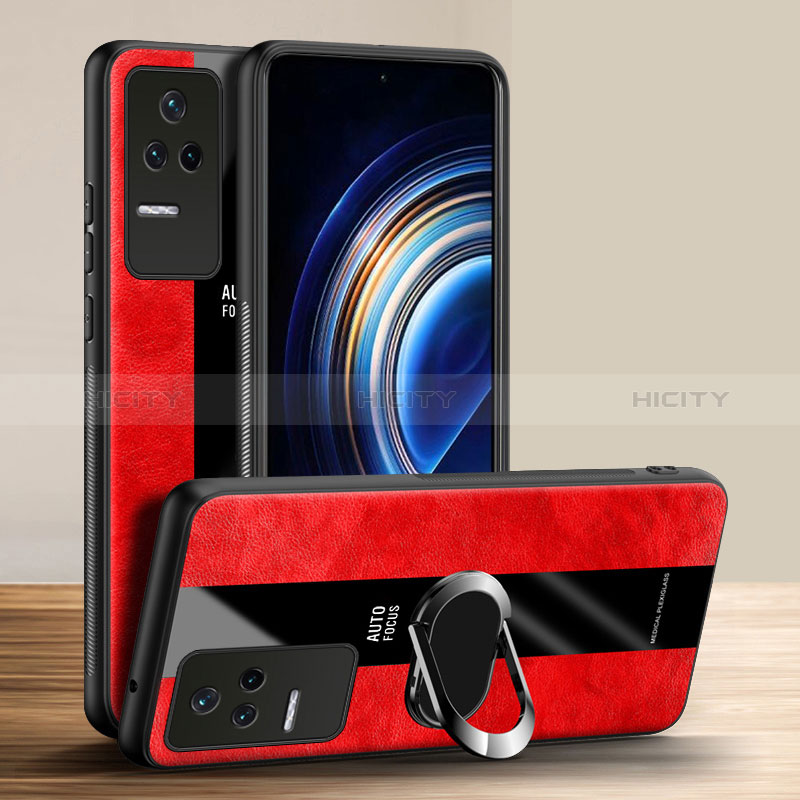 Coque Silicone Gel Motif Cuir Housse Etui avec Support Bague Anneau Aimante Magnetique PB1 pour Xiaomi Redmi K50 Pro 5G Rouge Plus