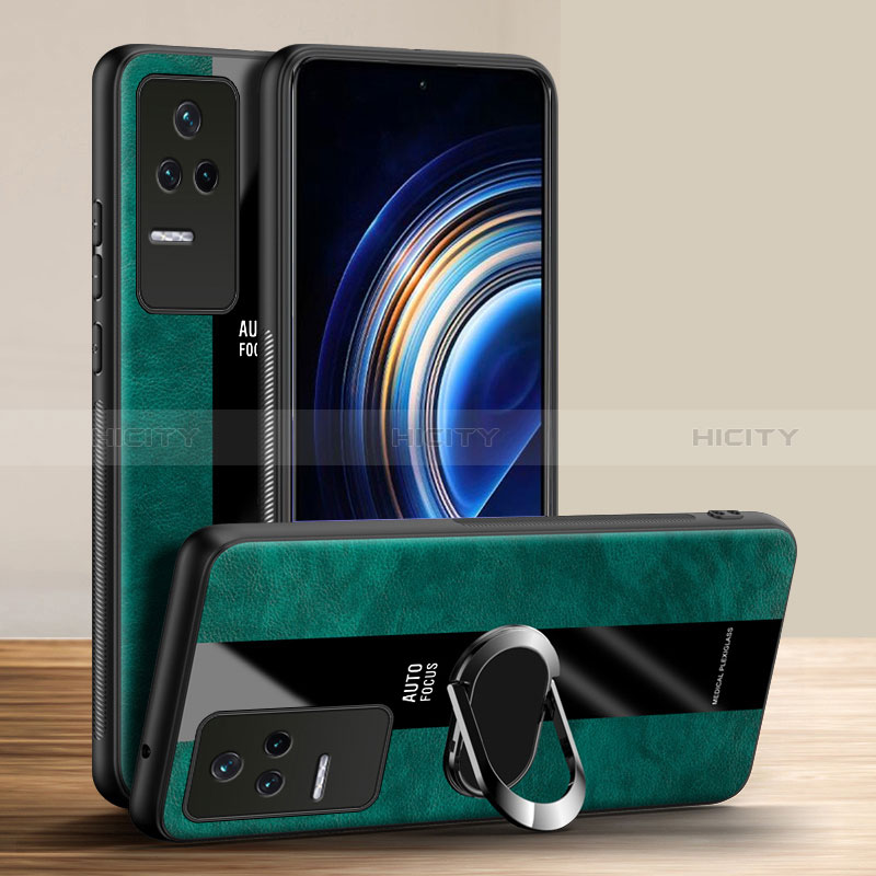 Coque Silicone Gel Motif Cuir Housse Etui avec Support Bague Anneau Aimante Magnetique PB1 pour Xiaomi Redmi K50 Pro 5G Vert Plus