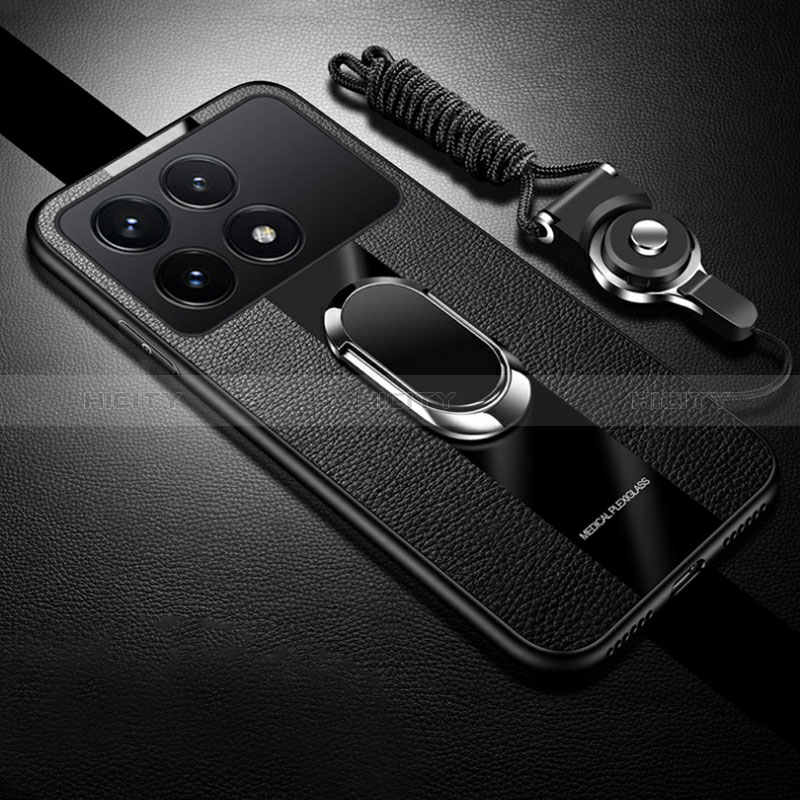 Coque Silicone Gel Motif Cuir Housse Etui avec Support Bague Anneau Aimante Magnetique PB1 pour Xiaomi Redmi K70 5G Noir Plus