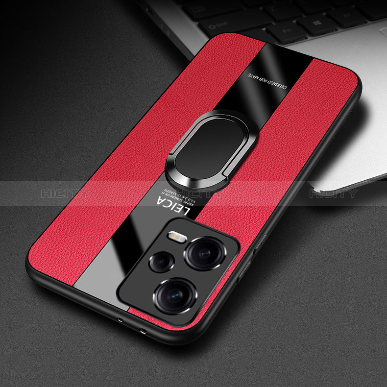 Coque Silicone Gel Motif Cuir Housse Etui avec Support Bague Anneau Aimante Magnetique PB1 pour Xiaomi Redmi Note 12 5G Rouge Plus