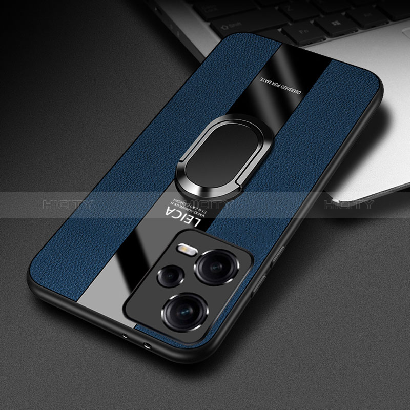 Coque Silicone Gel Motif Cuir Housse Etui avec Support Bague Anneau Aimante Magnetique PB1 pour Xiaomi Redmi Note 12 Explorer Bleu Plus