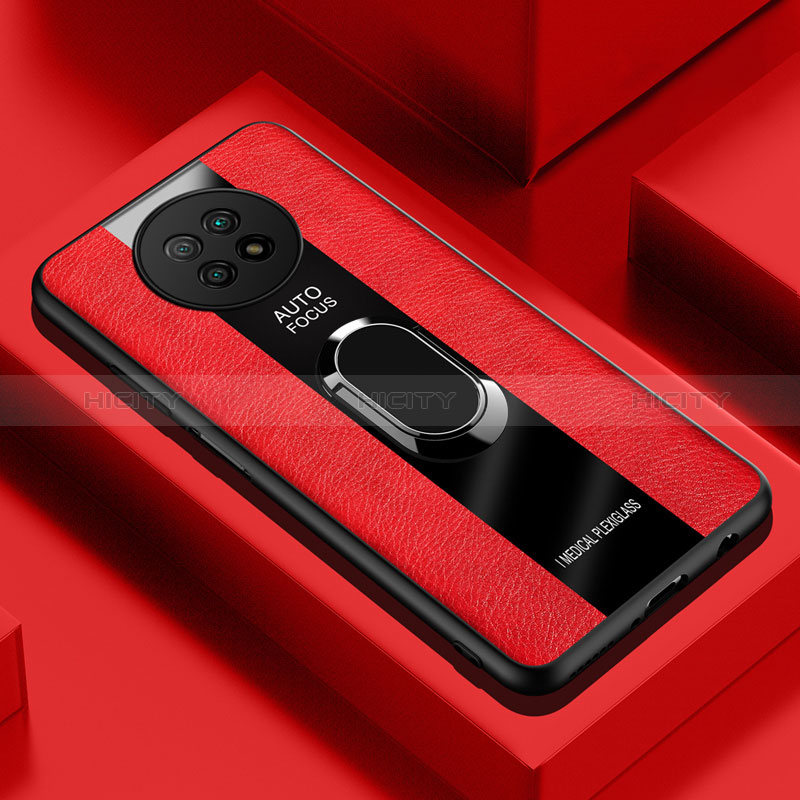 Coque Silicone Gel Motif Cuir Housse Etui avec Support Bague Anneau Aimante Magnetique PB1 pour Xiaomi Redmi Note 9T 5G Rouge Plus