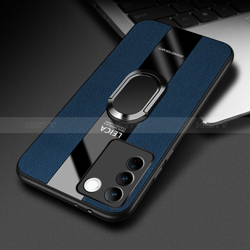 Coque Silicone Gel Motif Cuir Housse Etui avec Support Bague Anneau Aimante Magnetique PB2 pour Vivo V27 5G Bleu Plus