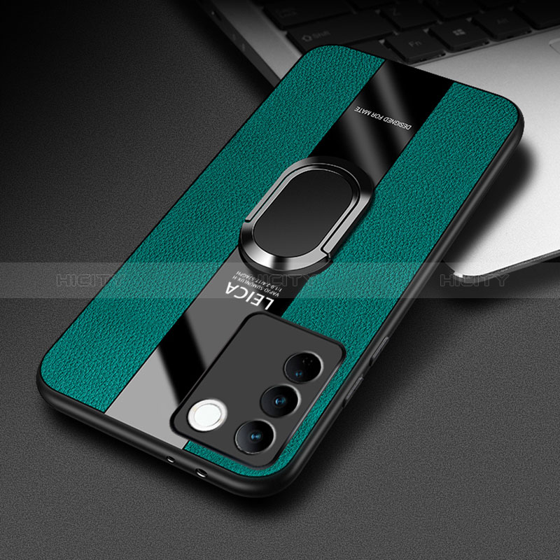 Coque Silicone Gel Motif Cuir Housse Etui avec Support Bague Anneau Aimante Magnetique PB2 pour Vivo V27 5G Vert Plus