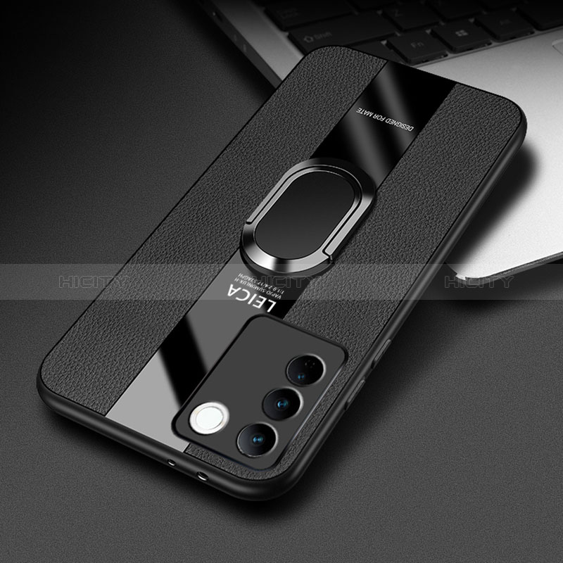 Coque Silicone Gel Motif Cuir Housse Etui avec Support Bague Anneau Aimante Magnetique PB2 pour Vivo V27e 5G Noir Plus