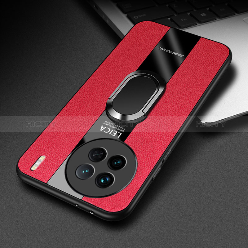 Coque Silicone Gel Motif Cuir Housse Etui avec Support Bague Anneau Aimante Magnetique PB2 pour Vivo X90 5G Rouge Plus