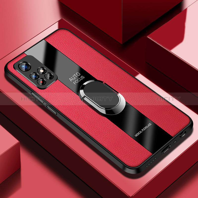 Coque Silicone Gel Motif Cuir Housse Etui avec Support Bague Anneau Aimante Magnetique PB2 pour Xiaomi Poco M4 Pro 5G Rouge Plus