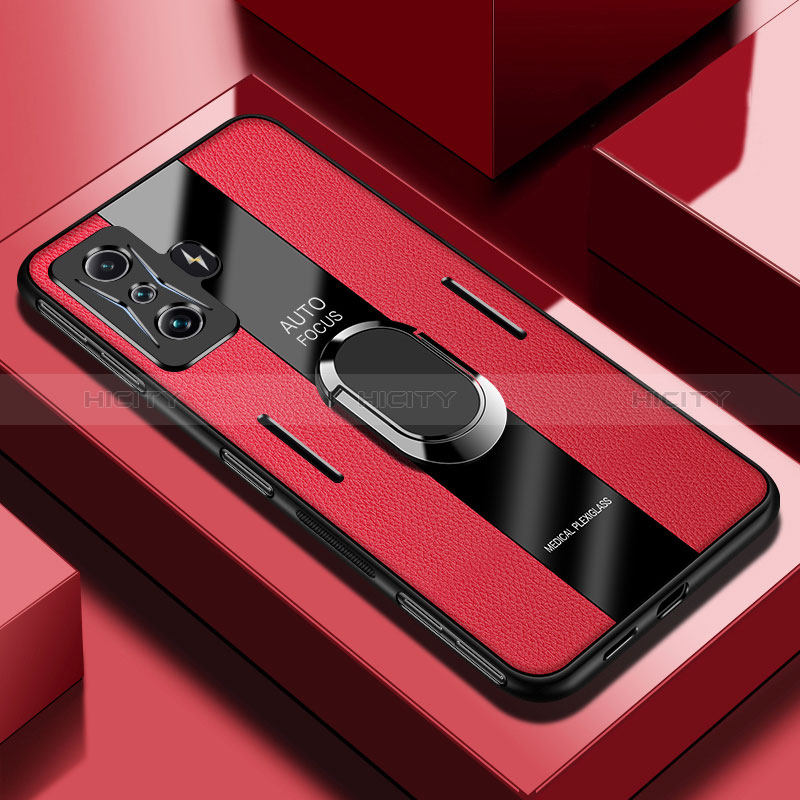 Coque Silicone Gel Motif Cuir Housse Etui avec Support Bague Anneau Aimante Magnetique PB2 pour Xiaomi Redmi K50 Gaming 5G Rouge Plus