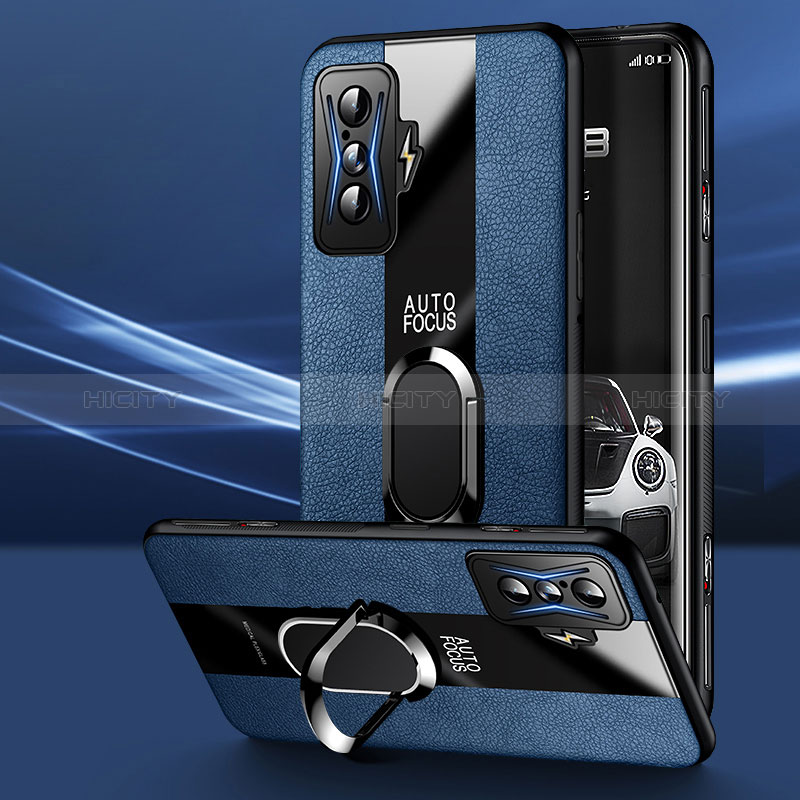 Coque Silicone Gel Motif Cuir Housse Etui avec Support Bague Anneau Aimante Magnetique PB3 pour Xiaomi Redmi K50 Gaming AMG F1 5G Bleu Plus