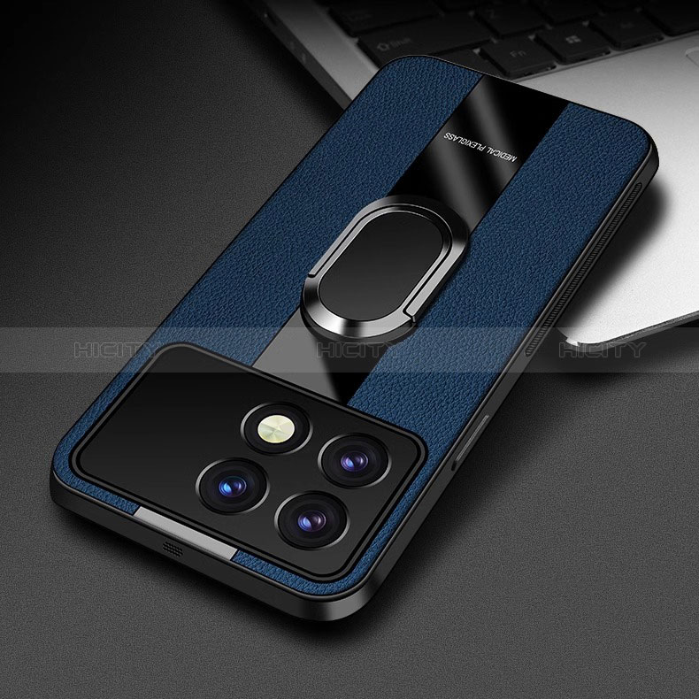 Coque Silicone Gel Motif Cuir Housse Etui avec Support Bague Anneau Aimante Magnetique PB3 pour Xiaomi Redmi K70 Pro 5G Bleu Plus