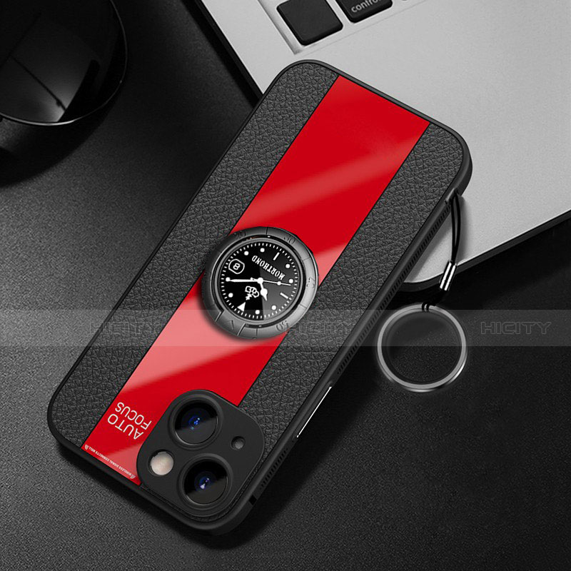 Coque Silicone Gel Motif Cuir Housse Etui avec Support Bague Anneau Aimante Magnetique pour Apple iPhone 13 Mini Plus