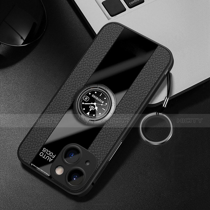 Coque Silicone Gel Motif Cuir Housse Etui avec Support Bague Anneau Aimante Magnetique pour Apple iPhone 14 Plus Noir Plus