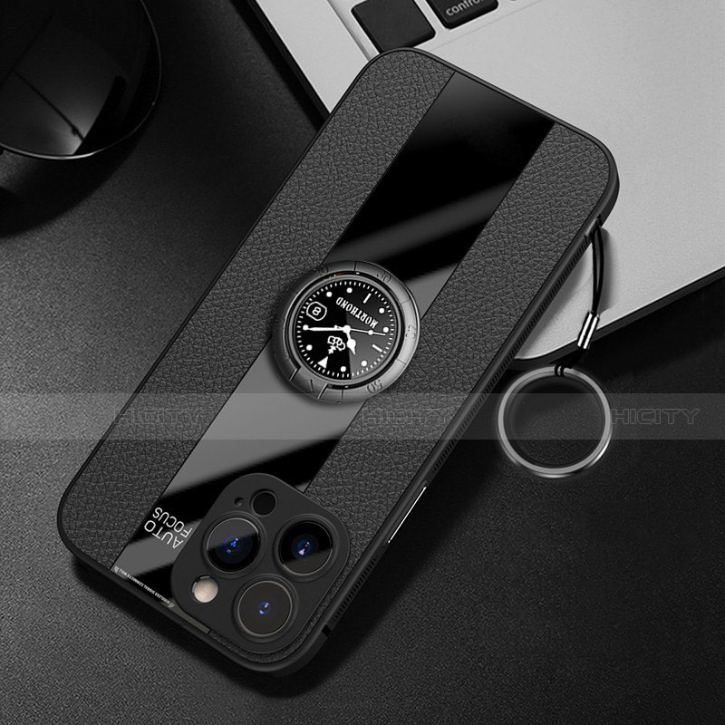 Coque Silicone Gel Motif Cuir Housse Etui avec Support Bague Anneau Aimante Magnetique pour Apple iPhone 14 Pro Max Noir Plus