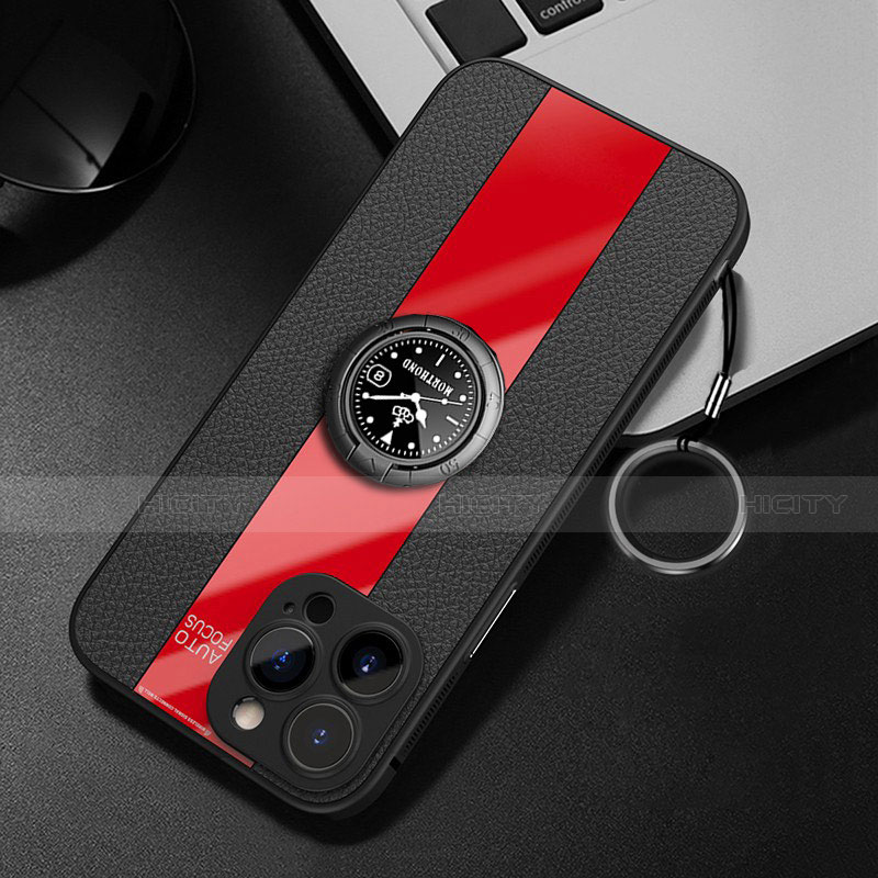 Coque Silicone Gel Motif Cuir Housse Etui avec Support Bague Anneau Aimante Magnetique pour Apple iPhone 14 Pro Max Plus