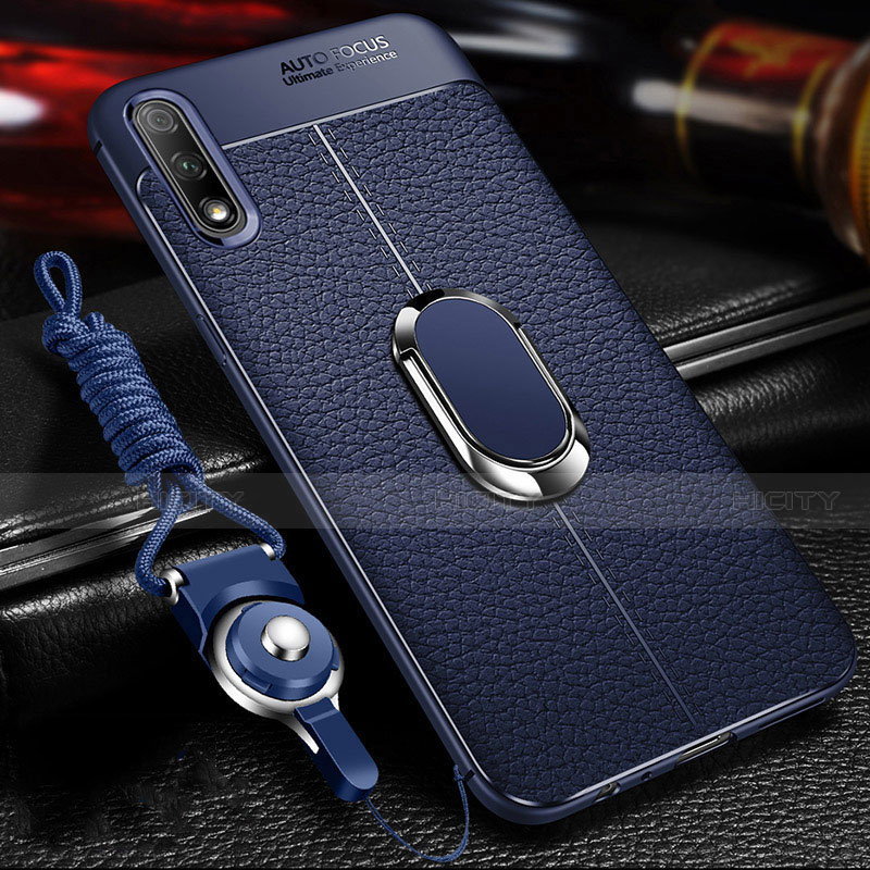 Coque Silicone Gel Motif Cuir Housse Etui avec Support Bague Anneau Aimante Magnetique pour Huawei Enjoy 10 Bleu Plus