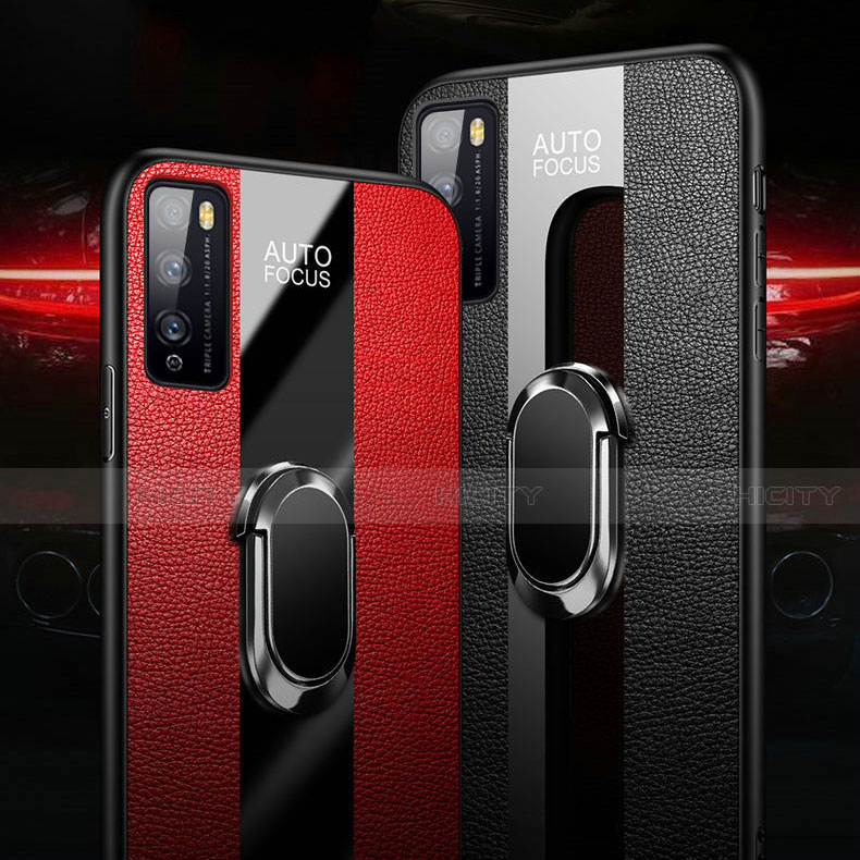 Coque Silicone Gel Motif Cuir Housse Etui avec Support Bague Anneau Aimante Magnetique pour Huawei Enjoy 20 Pro 5G Plus