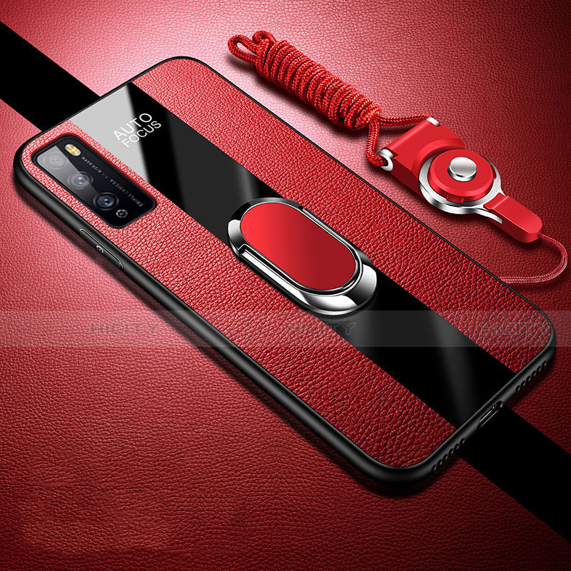 Coque Silicone Gel Motif Cuir Housse Etui avec Support Bague Anneau Aimante Magnetique pour Huawei Enjoy 20 Pro 5G Rouge Plus