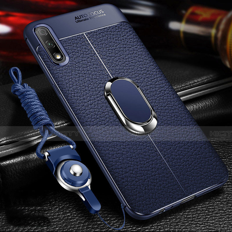 Coque Silicone Gel Motif Cuir Housse Etui avec Support Bague Anneau Aimante Magnetique pour Huawei Honor 9X Bleu Plus