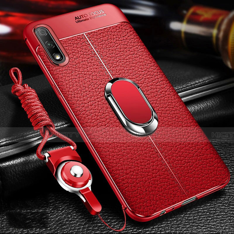 Coque Silicone Gel Motif Cuir Housse Etui avec Support Bague Anneau Aimante Magnetique pour Huawei Honor 9X Rouge Plus