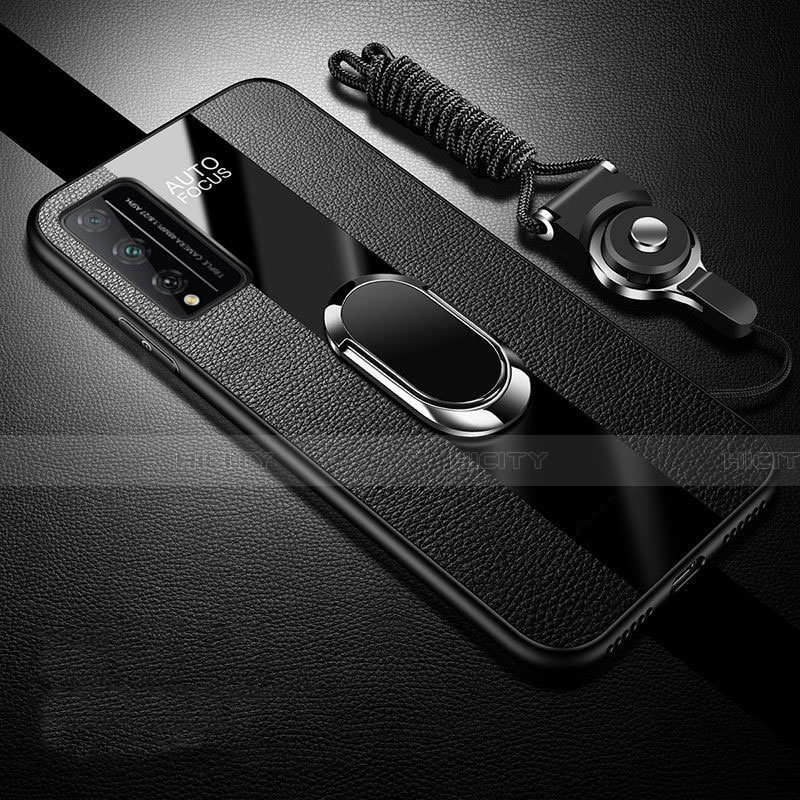 Coque Silicone Gel Motif Cuir Housse Etui avec Support Bague Anneau Aimante Magnetique pour Huawei Honor Play4T Pro Noir Plus