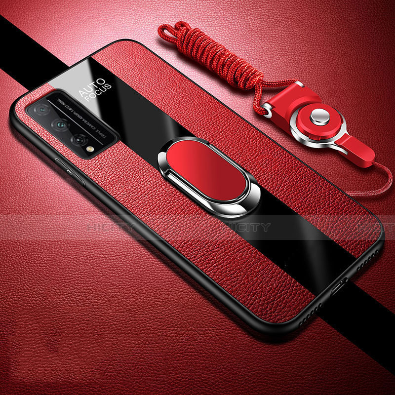 Coque Silicone Gel Motif Cuir Housse Etui avec Support Bague Anneau Aimante Magnetique pour Huawei Honor Play4T Pro Rouge Plus