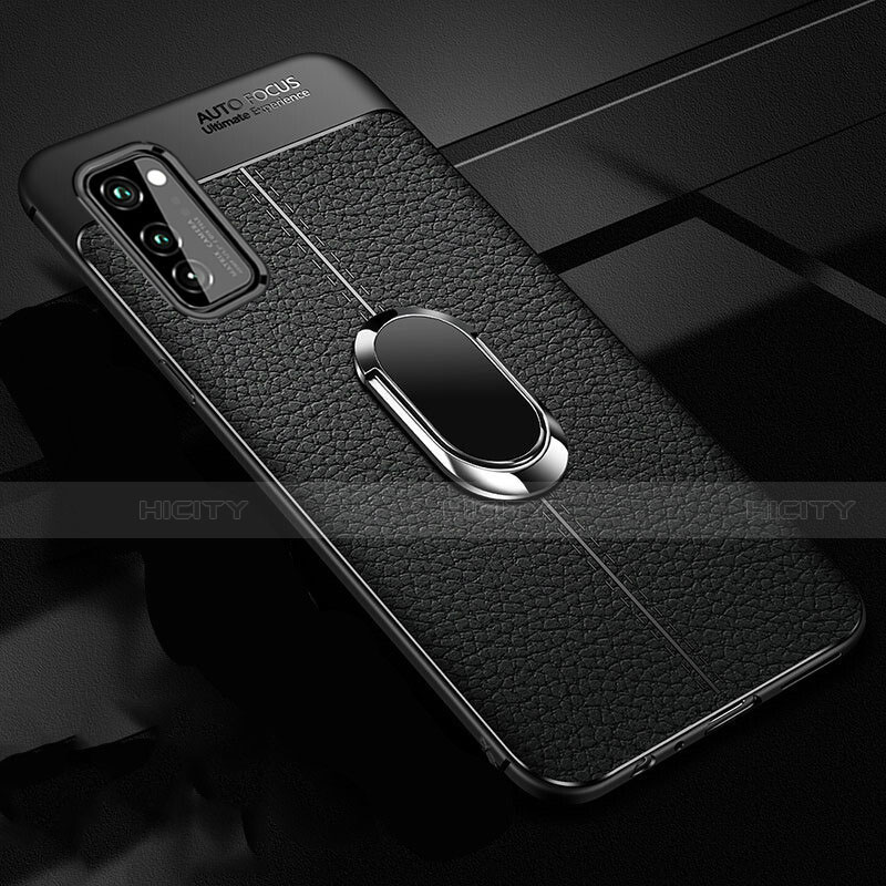 Coque Silicone Gel Motif Cuir Housse Etui avec Support Bague Anneau Aimante Magnetique pour Huawei Honor V30 Pro 5G Noir Plus