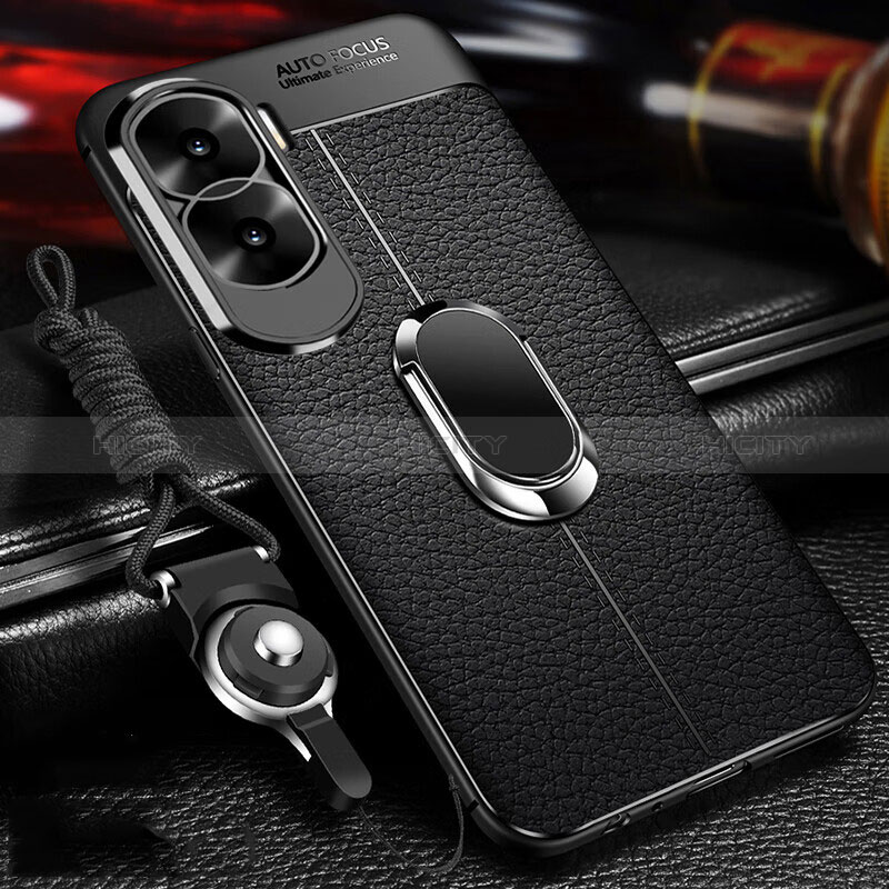 Coque Silicone Gel Motif Cuir Housse Etui avec Support Bague Anneau Aimante Magnetique pour Huawei Honor X50i 5G Noir Plus