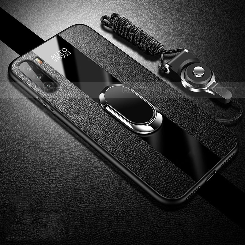 Coque Silicone Gel Motif Cuir Housse Etui avec Support Bague Anneau Aimante Magnetique pour Huawei Mate 40 Lite 5G Noir Plus