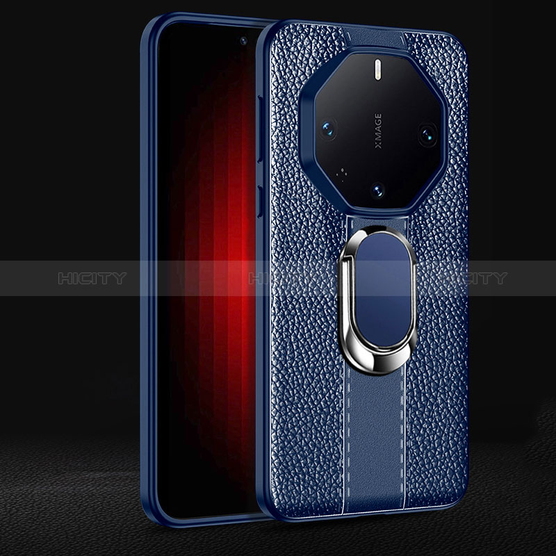 Coque Silicone Gel Motif Cuir Housse Etui avec Support Bague Anneau Aimante Magnetique pour Huawei Mate 60 RS Ultimate Bleu Plus