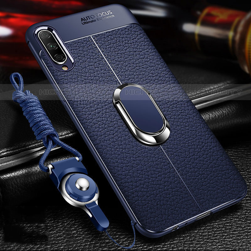 Coque Silicone Gel Motif Cuir Housse Etui avec Support Bague Anneau Aimante Magnetique pour Huawei P Smart Pro (2019) Bleu Plus