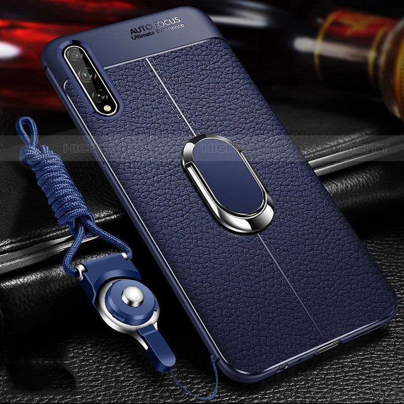 Coque Silicone Gel Motif Cuir Housse Etui avec Support Bague Anneau Aimante Magnetique pour Huawei P smart S Bleu Plus