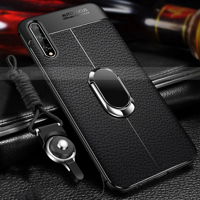 Coque Silicone Gel Motif Cuir Housse Etui avec Support Bague Anneau Aimante Magnetique pour Huawei P smart S Noir Plus