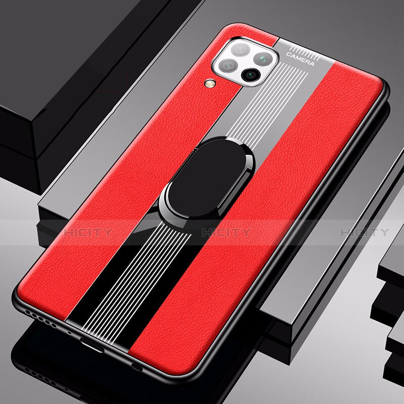 Coque Silicone Gel Motif Cuir Housse Etui avec Support Bague Anneau Aimante Magnetique pour Huawei P40 Lite Rouge Plus