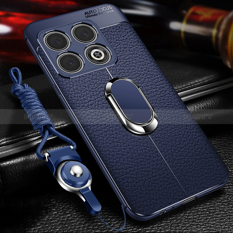 Coque Silicone Gel Motif Cuir Housse Etui avec Support Bague Anneau Aimante Magnetique pour OnePlus 10 Pro 5G Bleu Plus