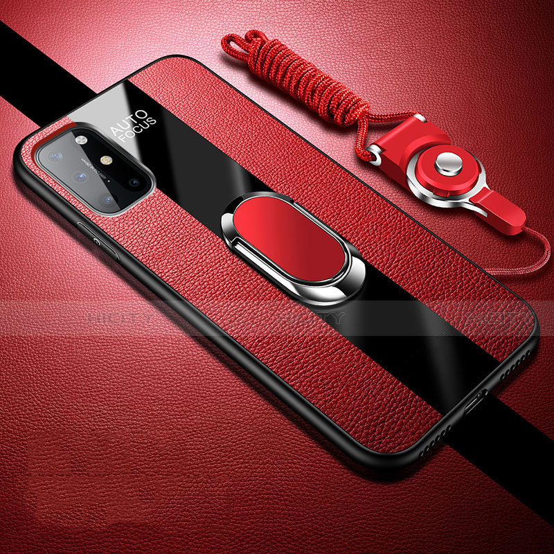 Coque Silicone Gel Motif Cuir Housse Etui avec Support Bague Anneau Aimante Magnetique pour OnePlus 8T 5G Rouge Plus