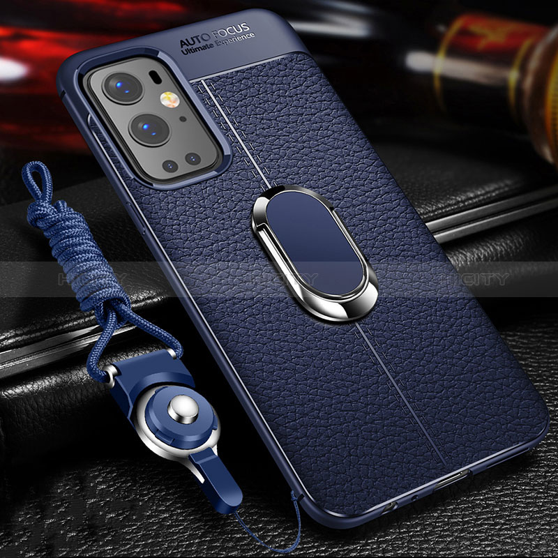 Coque Silicone Gel Motif Cuir Housse Etui avec Support Bague Anneau Aimante Magnetique pour OnePlus 9 Pro 5G Bleu Plus