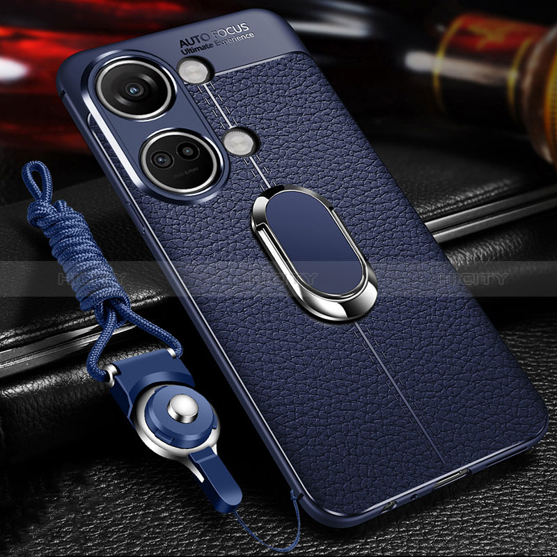 Coque Silicone Gel Motif Cuir Housse Etui avec Support Bague Anneau Aimante Magnetique pour OnePlus Nord 3 5G Bleu Plus