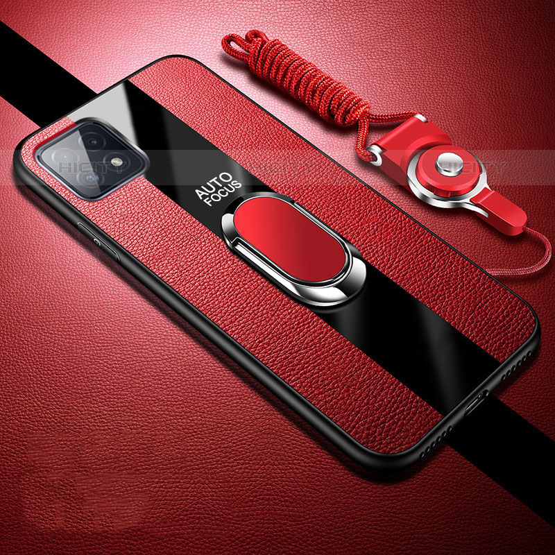 Coque Silicone Gel Motif Cuir Housse Etui avec Support Bague Anneau Aimante Magnetique pour Oppo A53 5G Rouge Plus