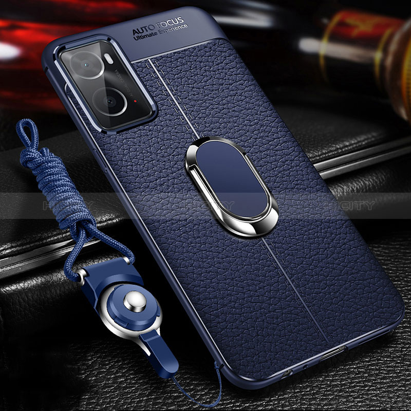 Coque Silicone Gel Motif Cuir Housse Etui avec Support Bague Anneau Aimante Magnetique pour Oppo A76 Bleu Plus