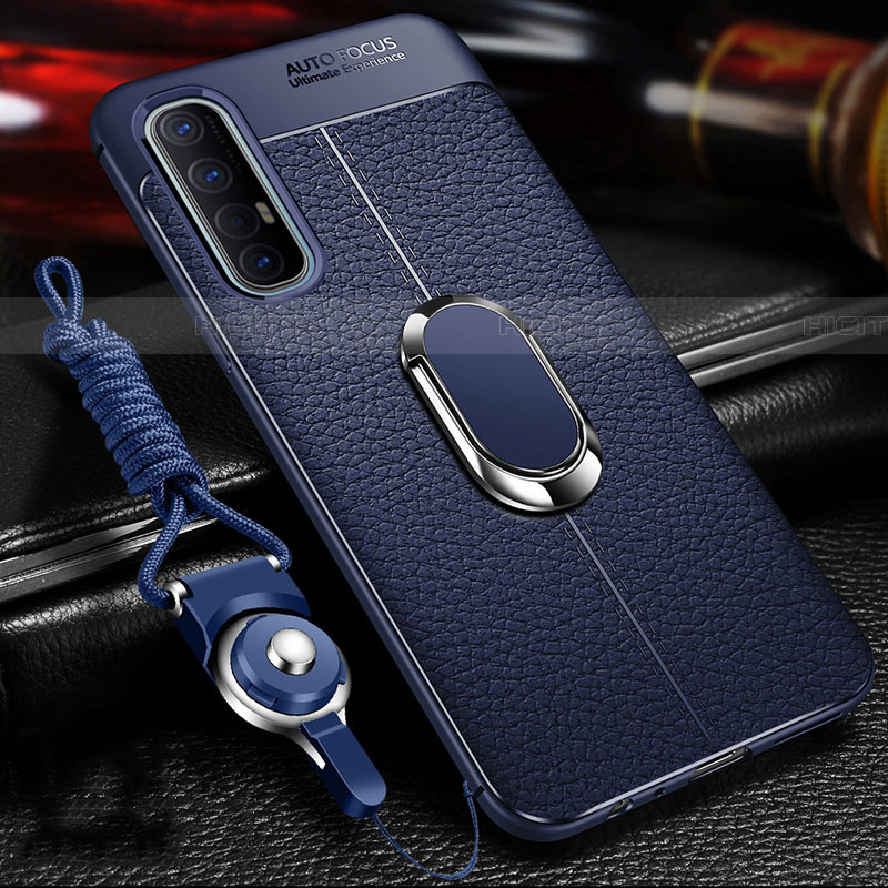 Coque Silicone Gel Motif Cuir Housse Etui avec Support Bague Anneau Aimante Magnetique pour Oppo Find X2 Neo Bleu Plus