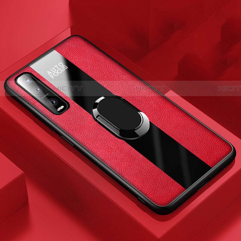 Coque Silicone Gel Motif Cuir Housse Etui avec Support Bague Anneau Aimante Magnetique pour Oppo Find X2 Pro Rouge Plus