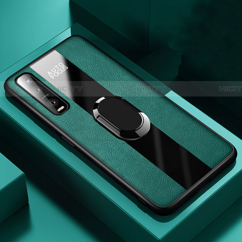 Coque Silicone Gel Motif Cuir Housse Etui avec Support Bague Anneau Aimante Magnetique pour Oppo Find X2 Pro Vert Plus