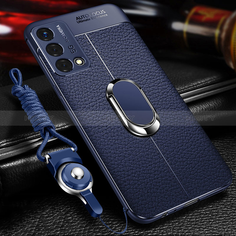 Coque Silicone Gel Motif Cuir Housse Etui avec Support Bague Anneau Aimante Magnetique pour Oppo K9 5G Bleu Plus