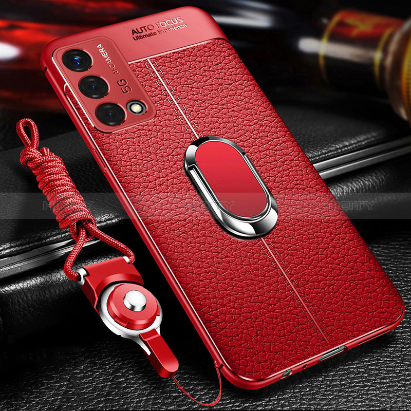 Coque Silicone Gel Motif Cuir Housse Etui avec Support Bague Anneau Aimante Magnetique pour Oppo K9 5G Rouge Plus